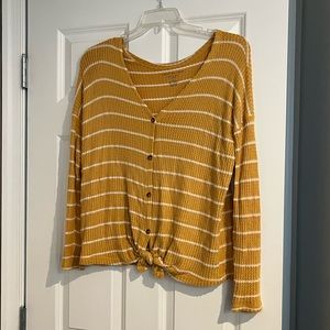 American Eagle Yellow and White Striped Sweater with Buttons and Tie Detail